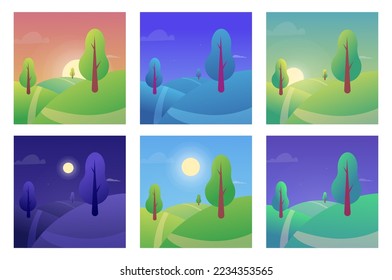 Day   night landscape  Morning sunrise  Evening   afternoon scenery  Sky at sunset time  Different panorama icons  Sun daytime  Hills meadow and trees  Vector gradient recent set