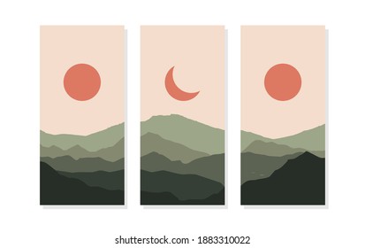 Paisaje de día y noche, paisajes de montaña con luna, sol, ilustración de diseño vectorial plano