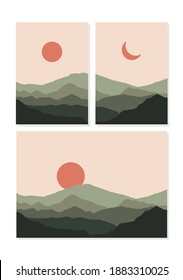 Paisaje de día y noche, paisajes de montaña con luna, sol, ilustración de diseño vectorial plano