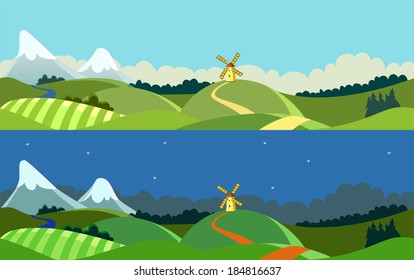 Day and night landscape with mountains