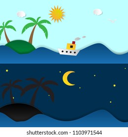 day and night landscape with paper art style illustration.