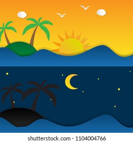 day and night landscape with paper art style illustration.