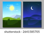 Day and night landscape poster. Mountains with sun, moon, stars and forest. 