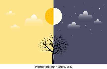 Day night landscape with sun and moon