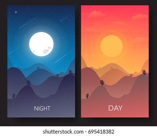 Day and night landscape,Desert Landscape with moon,sun,cactus,shooting star illustration vector-flat design 