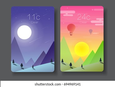 day and night landscape,nature horizontal background,sunset,moon light with Weather Application User Interface Concept vector illustration-flat design