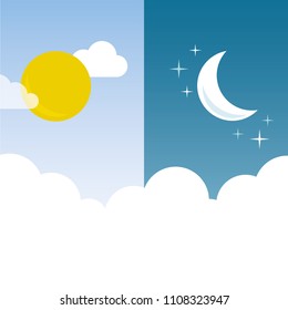 Day And Night Layout. Sun, Moon, Stars And Clouds Banner. Weather Background. Forecast Concept Banner. Daytime Poster.
