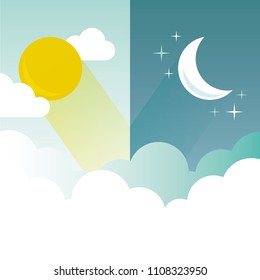 Day and Night layout. Sun, moon, stars and clouds banner. Weather background. Forecast concept banner. Daytime poster.
