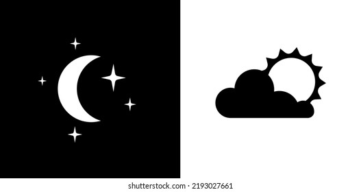 Day and night logo. Light or dark theme or sleep wake rhythm. Moon and stars, sun and clouds in sky. Weather pictograms for application. Summer or winter flat vector illustration on white background