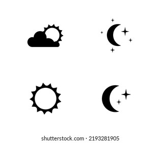 Day and night logo. Light or dark theme or sleep wake rhythm. Moon and stars, sun and clouds in sky. Weather pictograms for application. Summer or winter flat vector illustration on white background