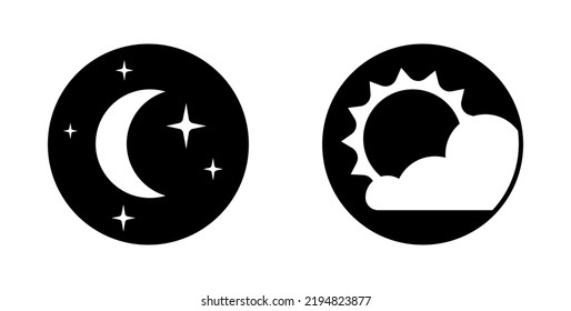 Day and night logo. Light or dark theme or sleep wake rhythm. Moon and stars, sun and clouds in sky. Weather pictograms for application. Summer or winter flat vector illustration on white background