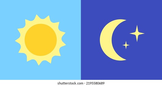 Day and night logo. Light or dark theme or sleep wake rhythm. Moon and stars, sun and clouds in sky. Weather pictograms for application. Summer or winter flat vector illustration on blue background.