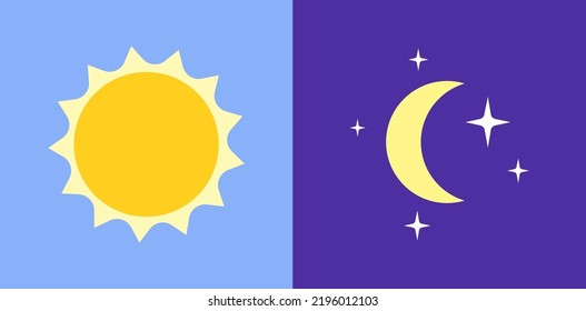 Day and night logo. Light or dark theme or sleep wake rhythm. Moon and stars, sun and clouds in sky. Weather pictograms for application. Summer or winter flat vector illustration on blue background.