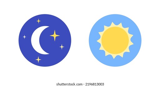 Day and night logo. Light or dark theme or sleep wake rhythm. Moon and stars, sun and clouds in sky. Weather pictograms for application. Summer or winter flat vector illustration on white background.