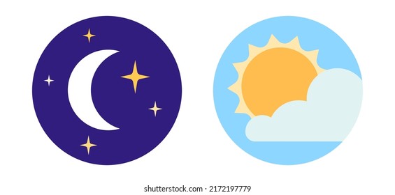 Day and night logo. Sleep wake rhythm concept. Moon and stars, sun and clouds in sky. Simple weather pictograms for application. Spring or summer flat vector illustration on white background.