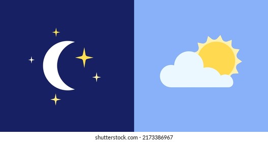 Day and night logo. Sleep wake rhythm concept. Moon and stars, sun and clouds in sky. Simple weather pictograms for application. Spring or summer flat vector illustration on blue background.