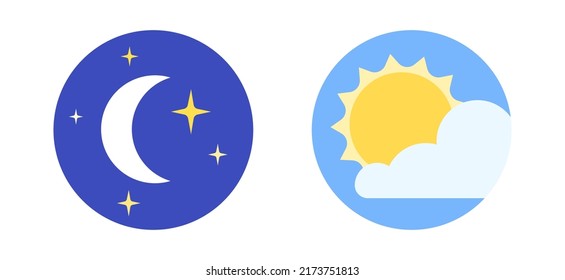 Day and night logo. Sleep wake rhythm concept. Moon and stars, sun and clouds in sky. Simple weather pictograms for application. Spring or summer flat vector illustration on white background.