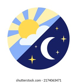 Day and night logo. Sleep wake rhythm concept. Moon and stars, sun and clouds in sky. Simple weather pictograms for application. Spring or summer flat vector illustration on white background.