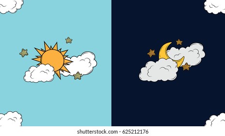 day and night long shadow flat, vector symbols