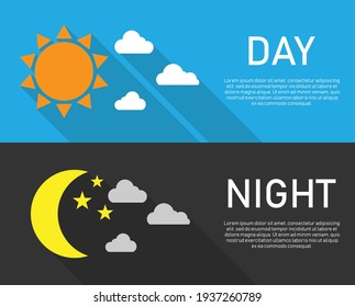 Day and night with long shadows. Sun, moon and stars with clouds Vector illustration in flat design. isolated on  background.