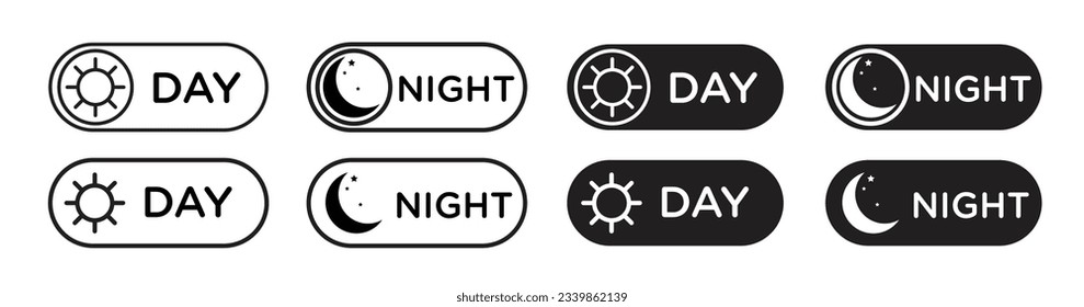 Day and night mode buttons set. on - off interface day and night mode vector symbol with sun and moon sign. suitable for mobile app, and website UI design.