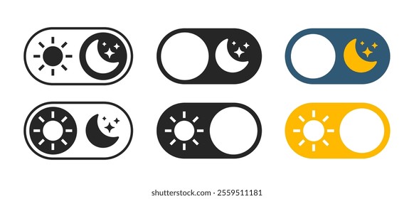 Day night mode buttons set icon vector, light dark color scheme theme toggle switch ui interface elements graphic illustration, black white, blue yellow flat modern design, on off sleep web line art