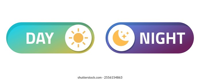 Day night mode buttons ui interface vector icon element graphic illustration set, blue yellow green toggle dark light settings switch with sun and moon mobile app, sleep or silence sign symbol image