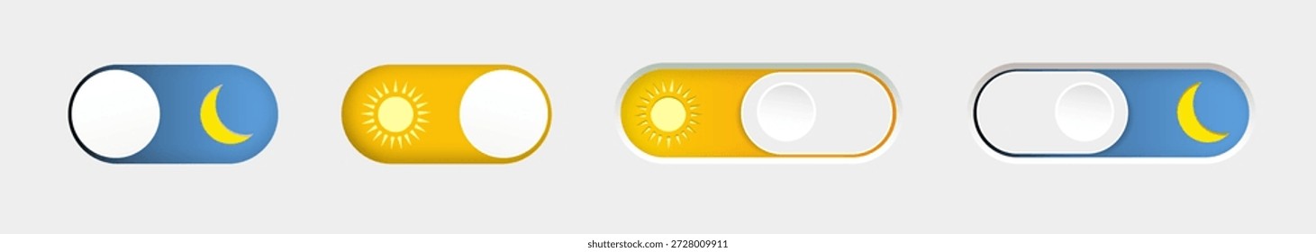Modo día y noche. Modo oscuro y modo de luz. Conjunto de Botón moderno. Botón de interruptor de diseño de materiales. Vector