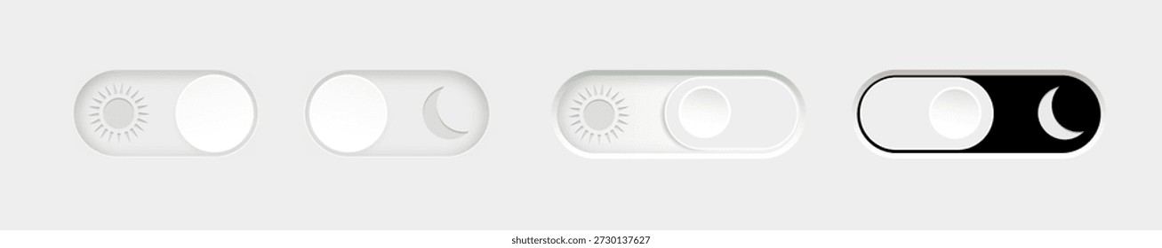 Modo día y noche. Modo oscuro y modo de luz. Conjunto de Botón moderno. Botón de interruptor de diseño de materiales. Vector