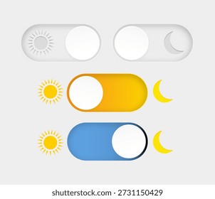 Modo dia e noite. Modo escuro e modo claro. Conjunto de botões moderno. Botão de interruptor de design de material. Vetor