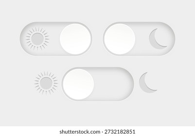 Modo dia e noite. Modo escuro e modo claro. Conjunto de botões moderno. Botão de interruptor de design de material. Vetor