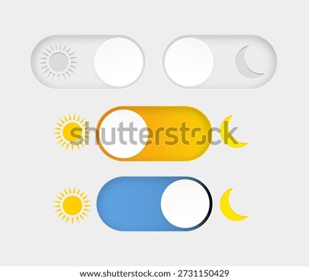 Day and night mode. Dark mode and light mode. Modern button set. Material design switch button. Vector