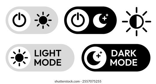 Day and night mode set icon. Sun, moon, dark, morning, weather, light, button, lamp, bulb symbol icons collection. Black and white vector illustration. Mobile apps or website screen brightness icon.