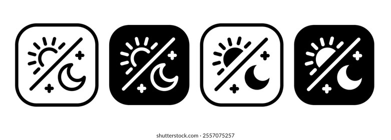 Day and night mode set icon. Sun, moon, dark, morning, weather, light, button, lamp, bulb symbol icons collection. Black and white vector illustration. Mobile apps or website screen brightness icon.