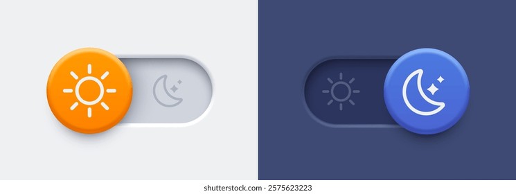 Day and night mode switch button. Dark mode and light mode toggle switch buttons. Material design slider switch buttons set. Vector illustration.