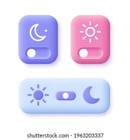Day and night mode switch icon set - 
. Interface ui symbol concept. On Off or Light and Dark Buttons. 3d vector illustration.