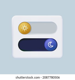 Day and night mode switch icon set. Interface ui symbol concept. On Off or Light and Dark Buttons. 3d vector illustration. Vector day night switch. Mobile app interface UI design. Dark mode switch.