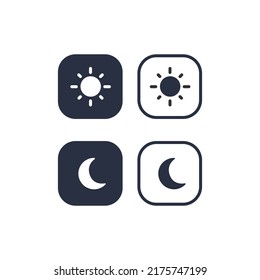 Day and night mode switch icon set - . Interface ui symbol concept. On Off or Light and Dark Buttons. 3d vector illustration. Mobile app interface design concept. UI switch icon. Gadget application