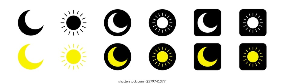 Day and night mode switch icon set. Mobile app interface design concept. Day, night, sun and moon signs and symbols 