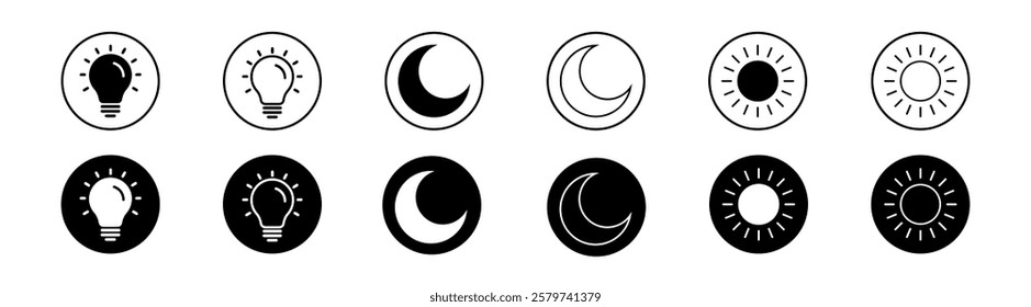 Day and night mode switch icon set. Mobile app interface design concept. Day, night, sun and moon signs and symbols 