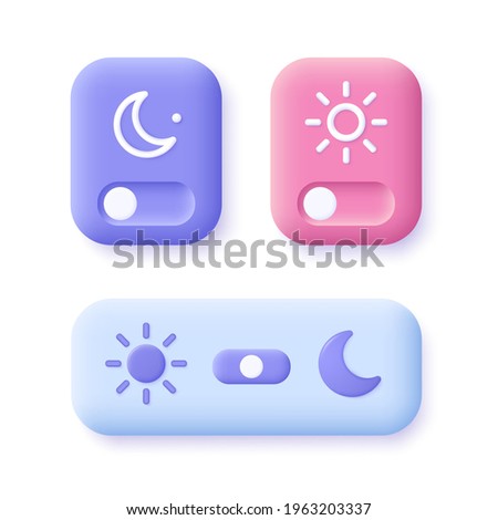 Day and night mode switch icon set - 
. Interface ui symbol concept. On Off or Light and Dark Buttons. 3d vector illustration.