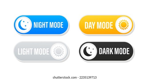 Tag- und Nachtschalter installiert. Einfaches Symbol-Konzept für die Benutzeroberfläche. Aktivieren oder helle und dunkle Tasten auf weißem, isoliertem Hintergrund. Vektorgrafik