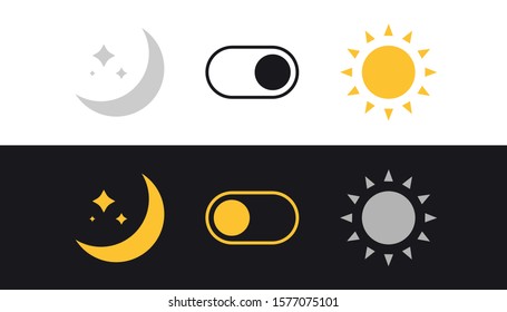 Day and Night mode switch. Sun and Moon. Light filter toggle button. Sleeping mode turn on, off. On Off Switch. Light and Dark Buttons. Simple dark mode switch icon.