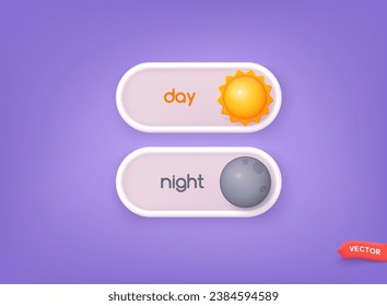 Day and night mode switcher in cute 3d style. Gadget interface switch to Day and Night mode for Mobile App, Web Design, Animation. 3D Web Vector Illustrations. 