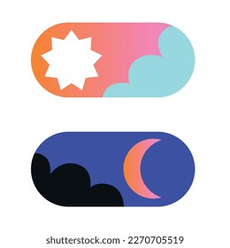 Day and Night Mode Switcher for Phone Screens. Vector. Light and Dark Buttons. Switch to dark or light mode. On Off Switch Element for Mobile App, Web Design, Animation.