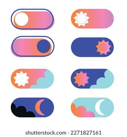 Day and Night Mode Switcher for Phone Screens. Vector. Light and Dark Buttons. Switch to dark or light mode. On Off Switch Element for Mobile App, Web Design, Animation.