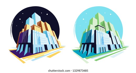 Day and night modern buildings. Perspective view. Vector illustration collection