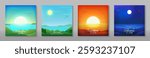 Day, night, morning and evening flat vector mountain landscape with sun, moon and clouds in sky. Landscape nature day and night illustration. Vector concept for any purposes. Design for card, banner.