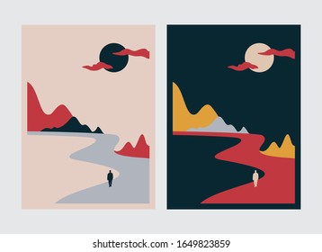 vectores de afiches de paisajes de montaña diurnos y nocturnos