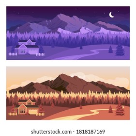 Day and night mountains flat color vector illustration set. Residential house near nighttime forest. Daytime land near woods. Countryside 2D cartoon landscape with nature on background collection